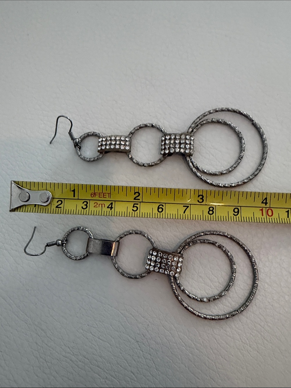 Rhinestone Silver-Tone Triple Hoop Drop Earrings - Vintage Unbranded